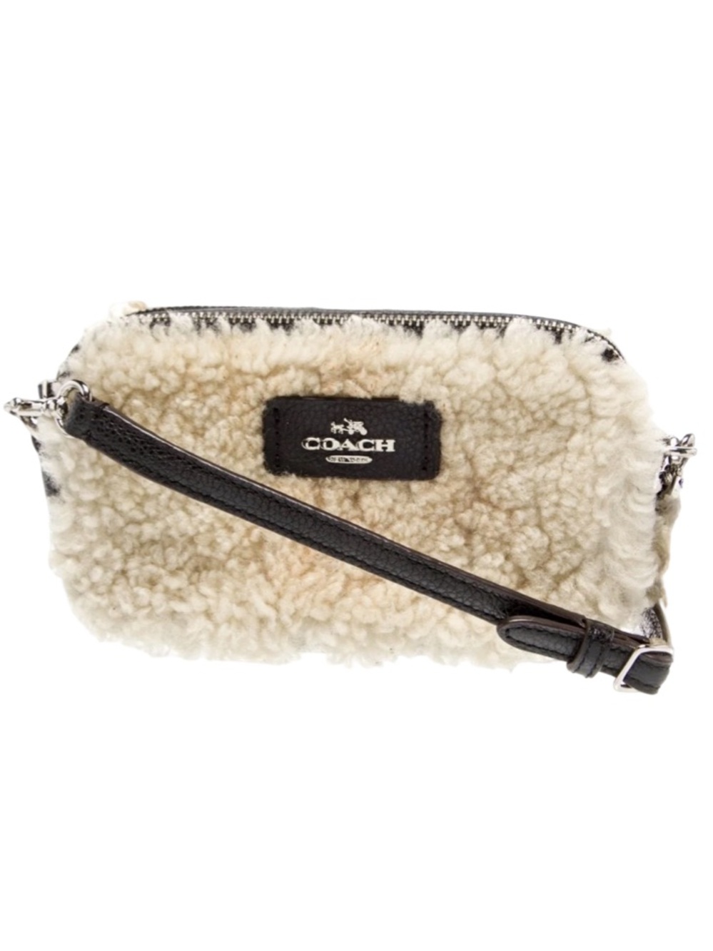 COACH Cream Shearling crossbody with Black Leather Strap